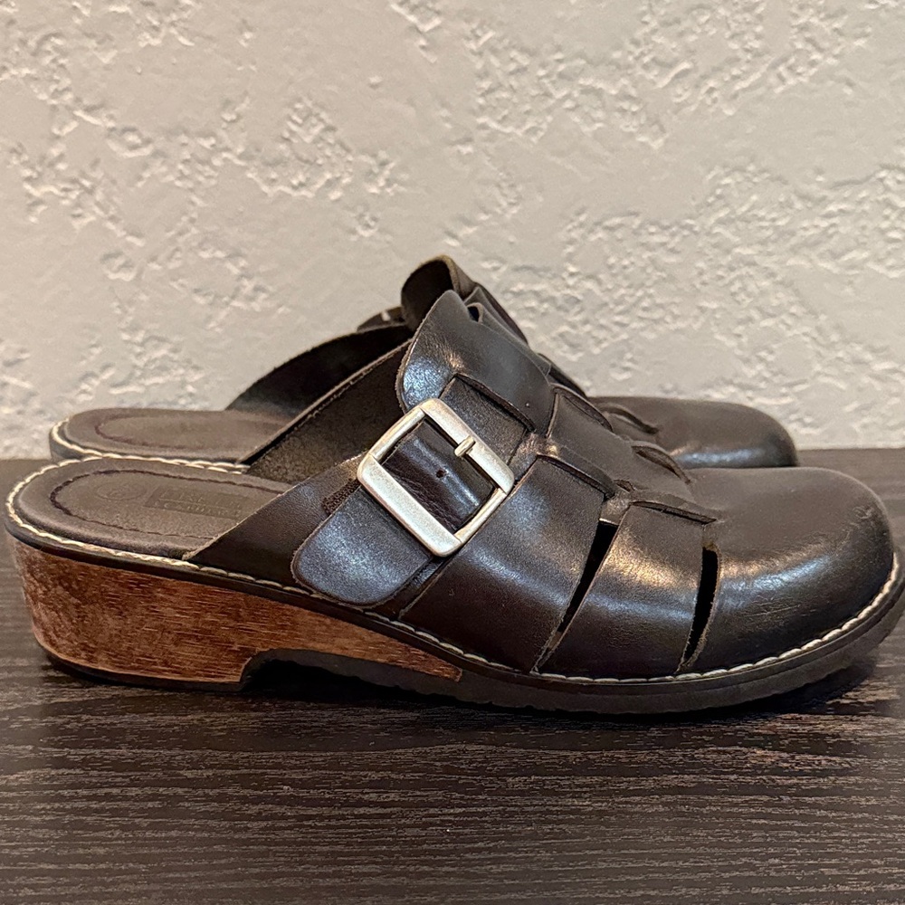 Predictions Black Leather Mules with Brown Heel